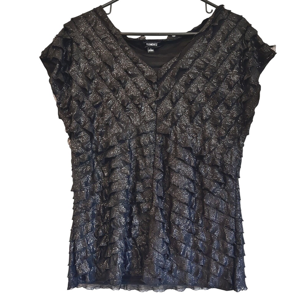 Vtg Black Blouse Top Sz L Gothic Glam Ruffle Shimmer Whimsihoth Dark Romantic